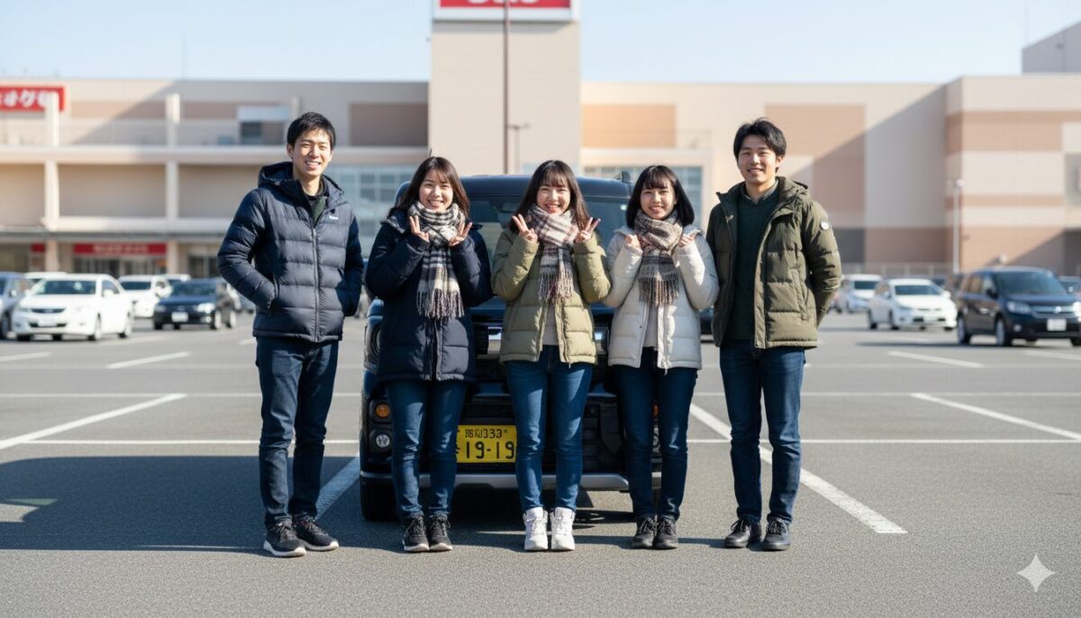 スーパーマーケットの駐車場に停めたスペーシアギアの前で並んで立つ大学生グループ