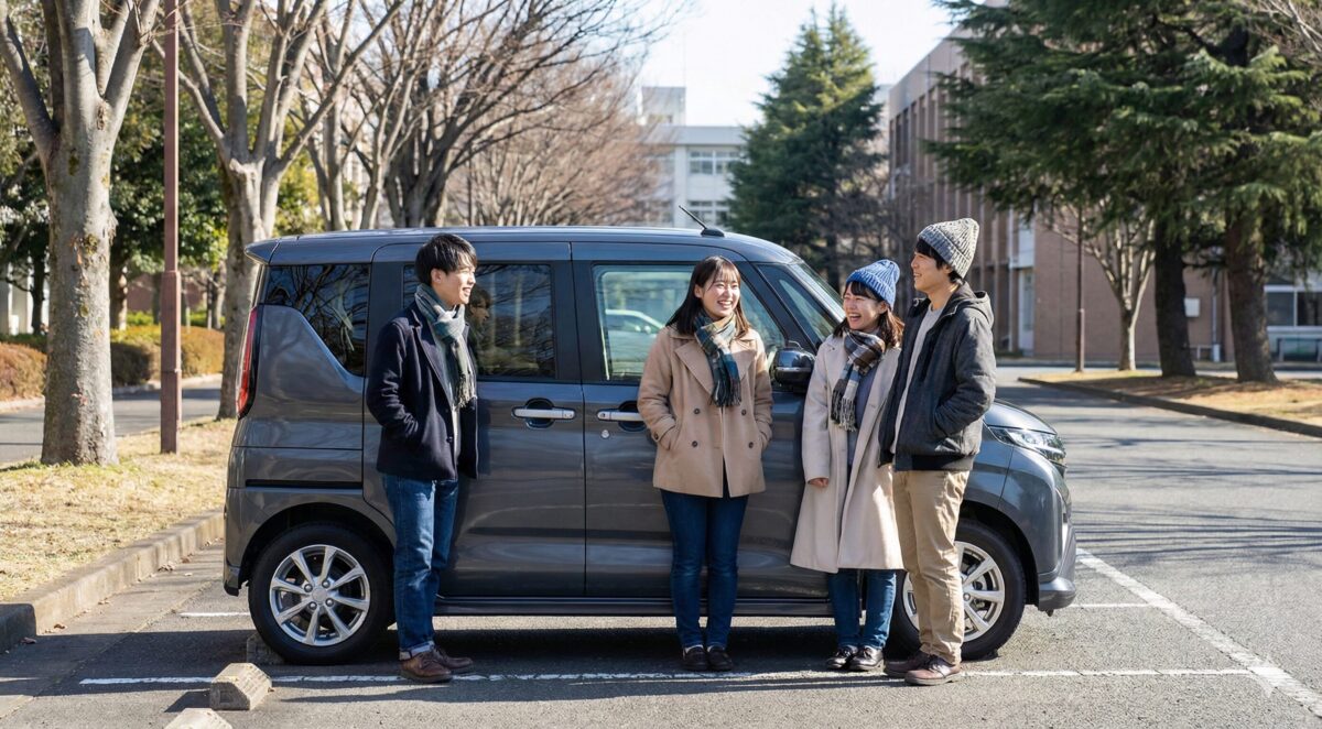 ステラの脇に立って談笑する大学生4人組