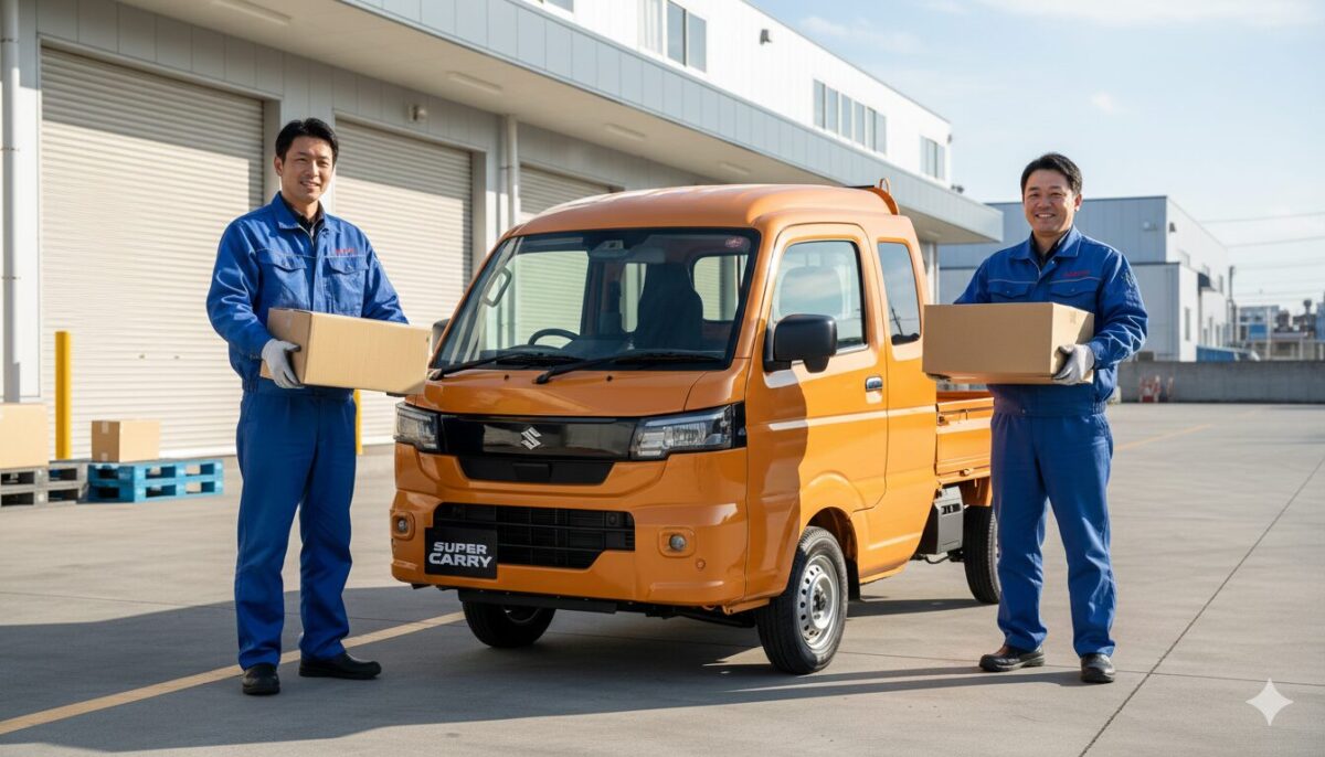 工場に停めたスーパーキャリイと作業員の男性2人