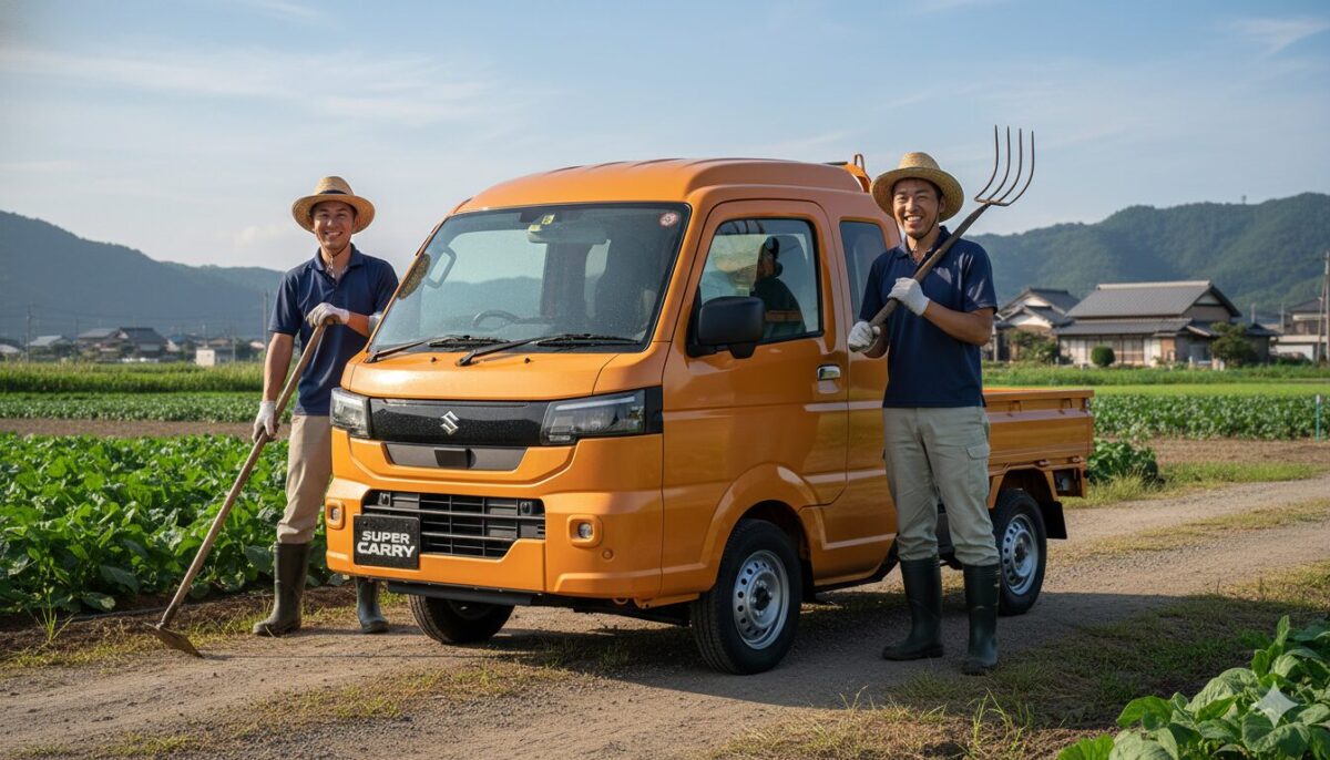 農場に停めたスーパーキャリイと農家の男性2人