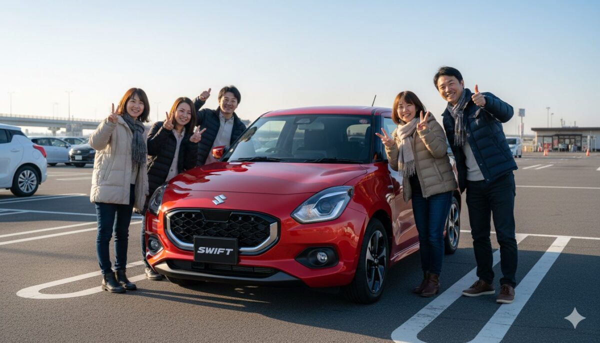 高速のPAに停めた赤のスイフトの周りに集まって記念撮影する男女