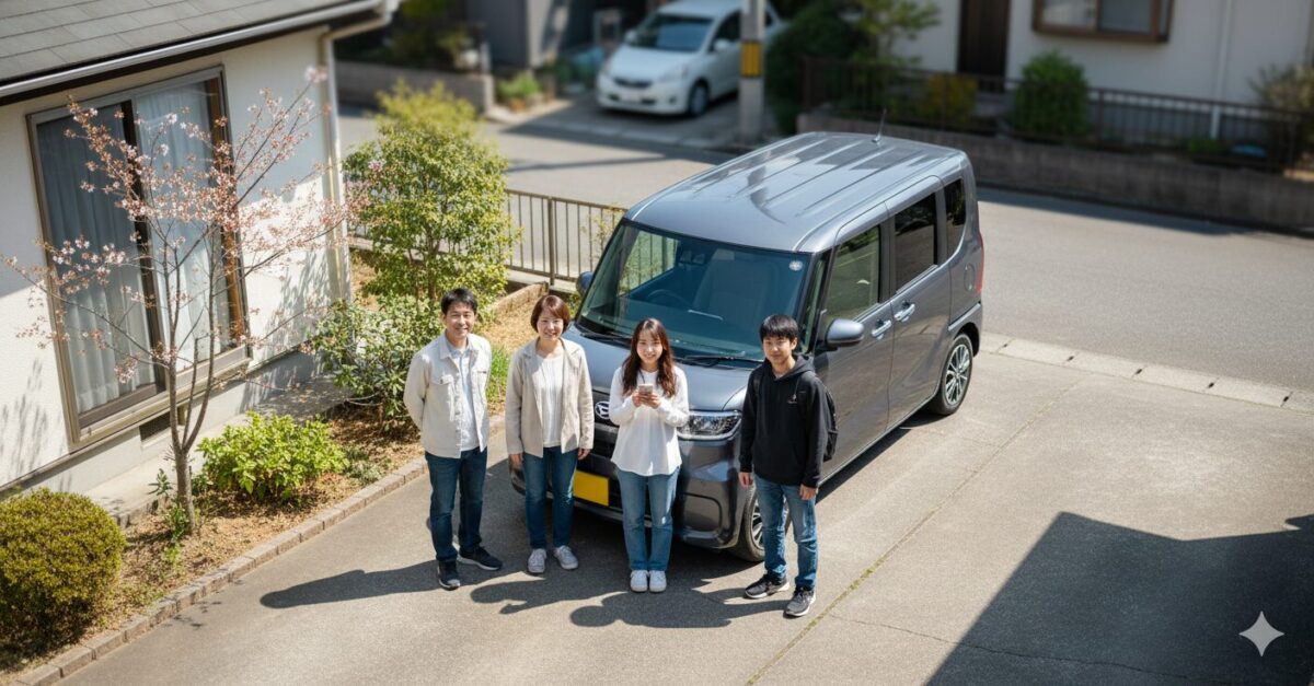 自宅の駐車場に停めたタントの前で記念撮影をする4人家族