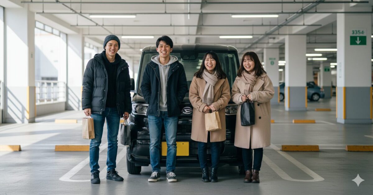 黒のタントの前に立つ20代の男女