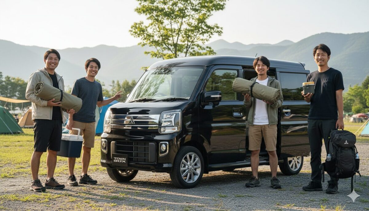 タウンボックスでキャンプにやってきた男性4人組