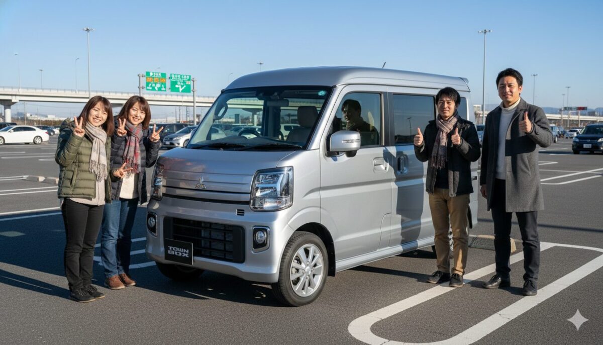 高速のPAでタウンボックスを停めて記念撮影するグループ