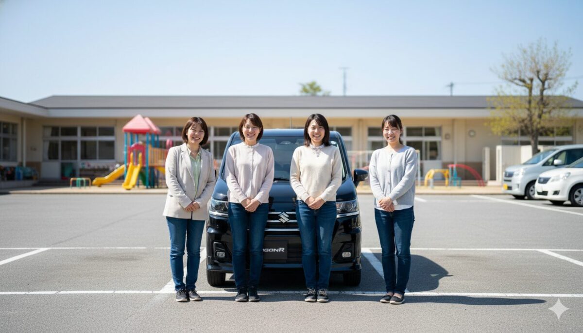 幼稚園の駐車場に停めた黒のワゴンRの前に並ぶ4人の女性