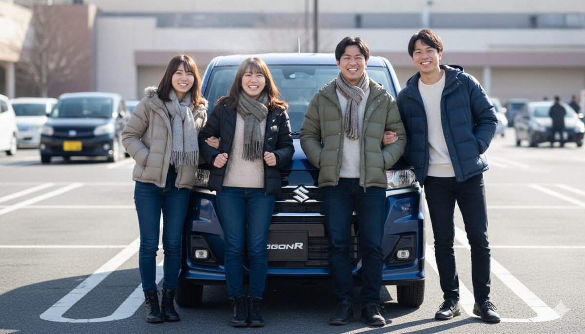 ショッピングモールの駐車場に停めた青のワゴンRの前にならぶ20代の男女