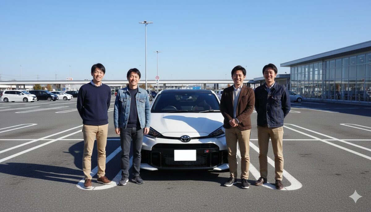駐車場に停車したGRヤリスの脇に立つ30代の男性4人組