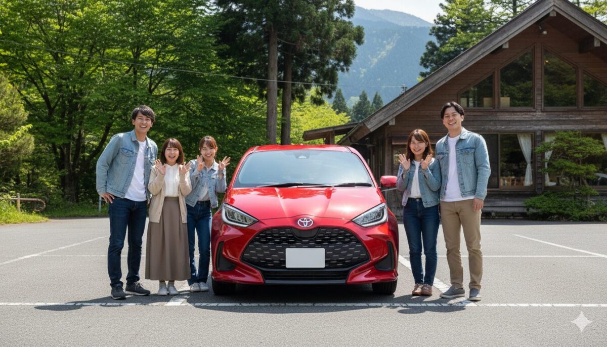 ヤリスの横で並んで立っている5人の男女