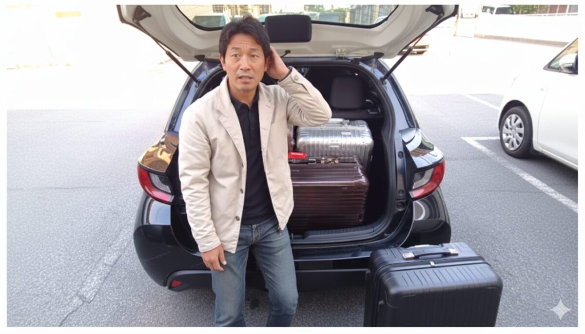 スーツケースを積んだヤリスの後方で困った表情の男性が立っている