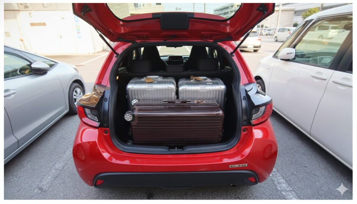 トランクに3つのスーツケースが積まれたヤリス