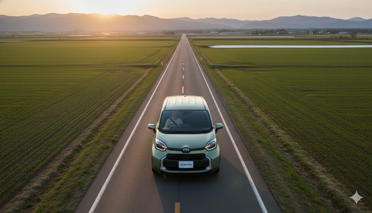 郊外の一本道を走る緑のシエンタ