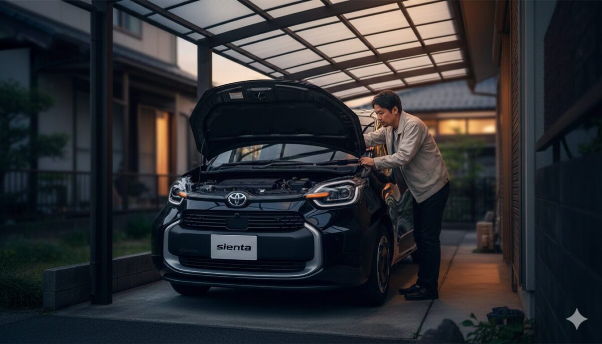車庫でシエンタのボンネットを開けて点検する男性