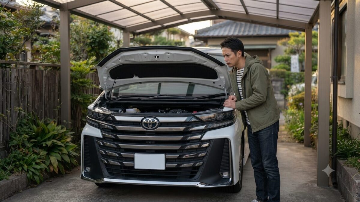車庫でヴェルファイアのボンネットを開けてチェックする男性