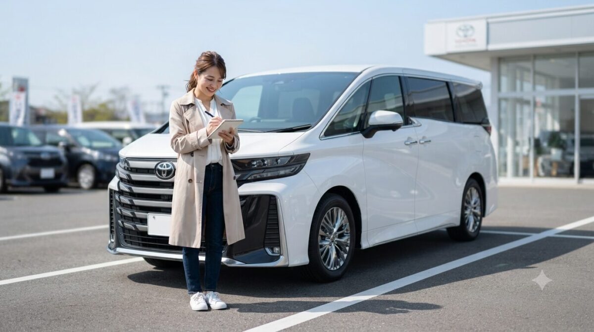 中古車センターに並ぶヴェルファイアをチェックする女性