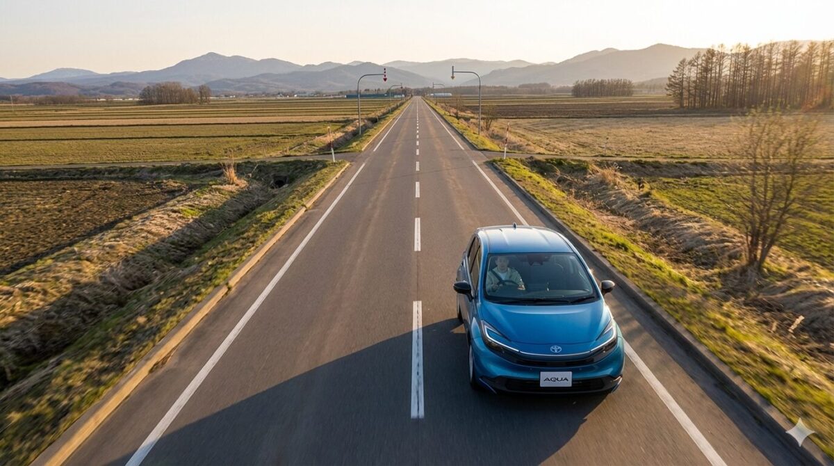 郊外の一本道を走る青のアクア