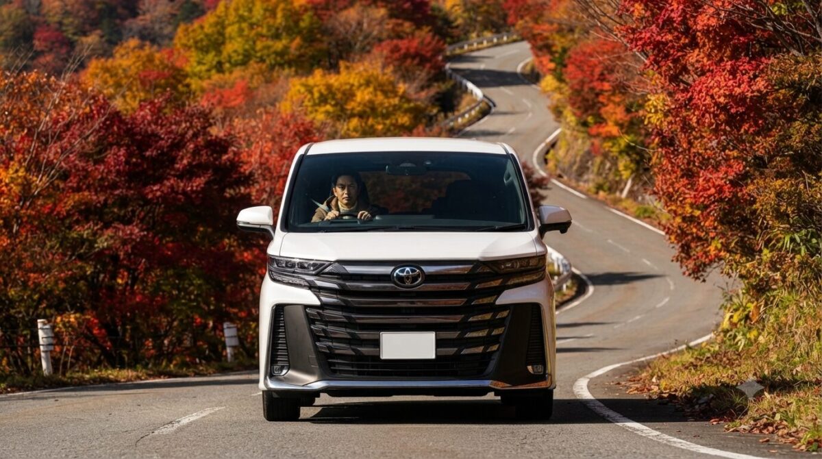 紅葉の峠道を走るヴェルファイア