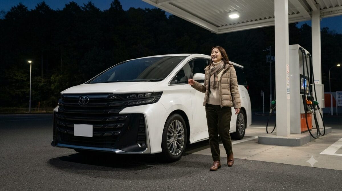 夜のガソリンスタンドでヴェルファイアに給油する女性