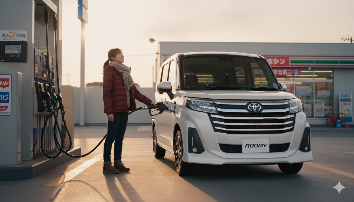 ガソリンスタンドでルーミーに給油する女性