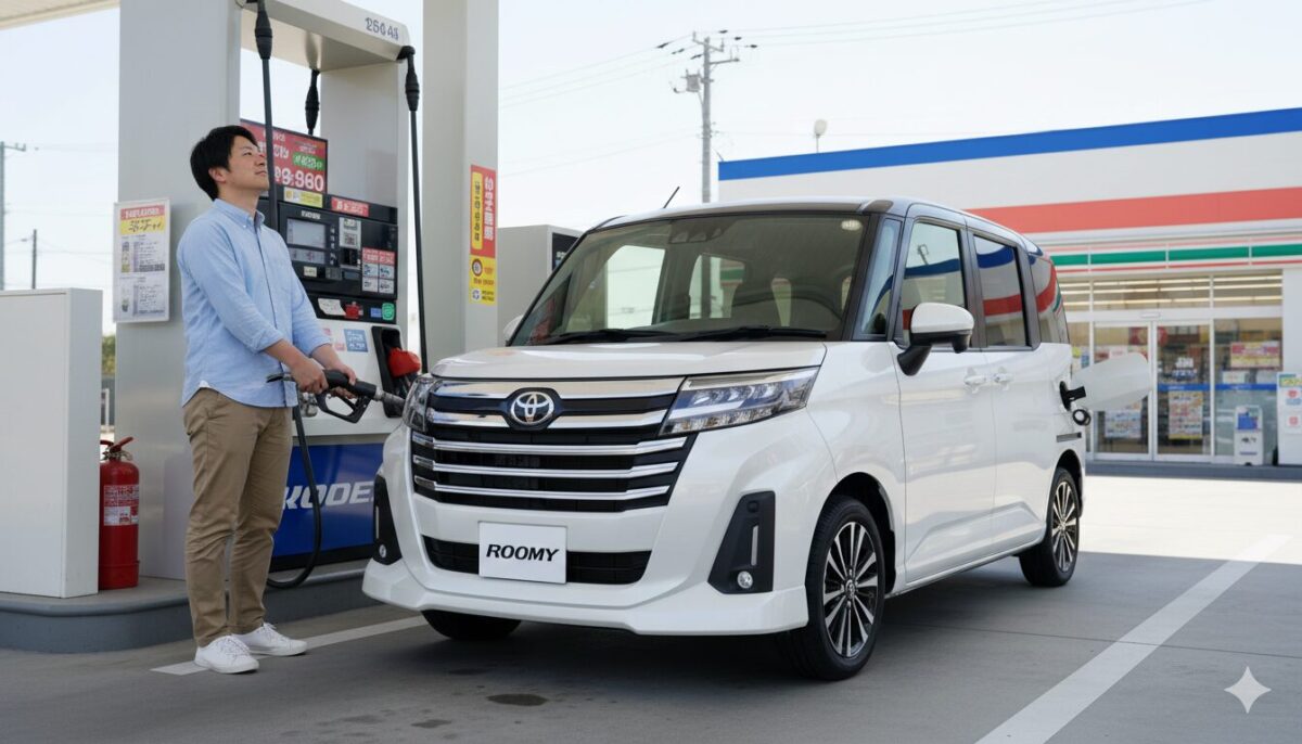 ガソリンスタンドでルーミーに給油する男性