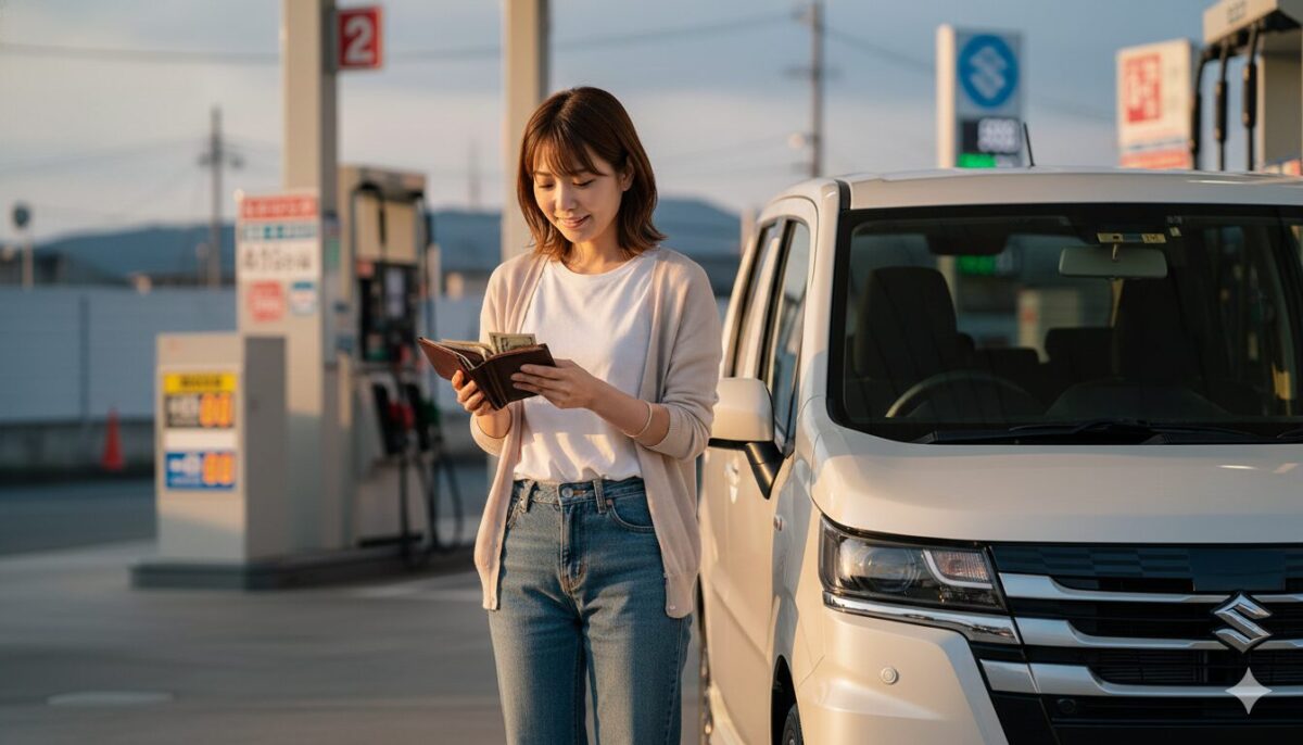 ガソリンスタンドに停めたワゴンRの隣で財布を確認する女性