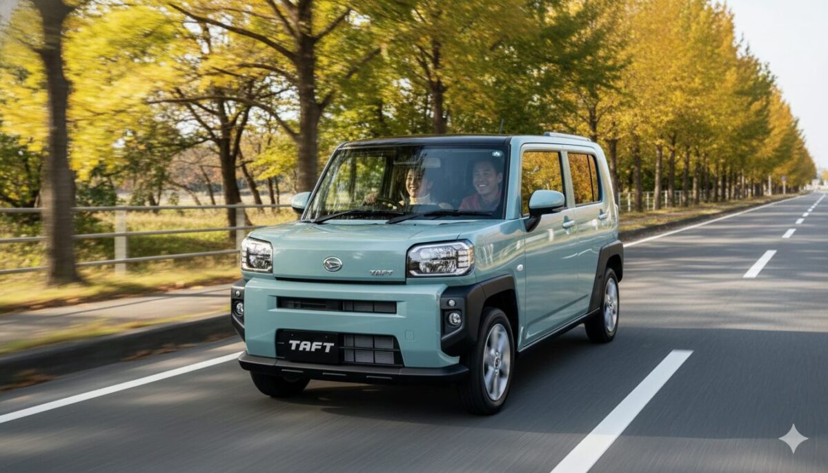 街路樹が生える国道を走るタフトと運転する夫婦