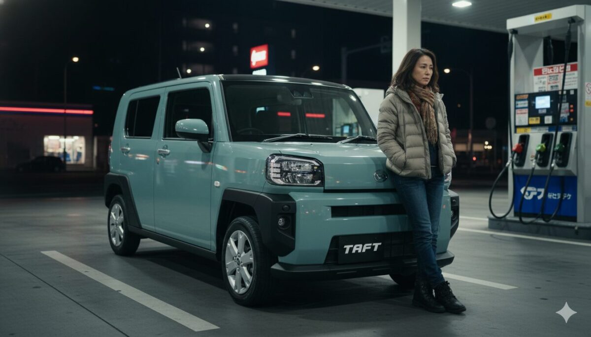 深夜のガソリンスタンドで停めたタフトに寄りかかる女性