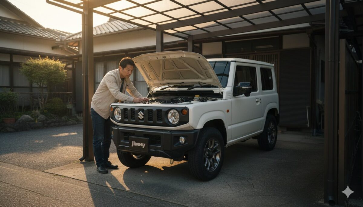 ガレージでジムニーの整備をする男性