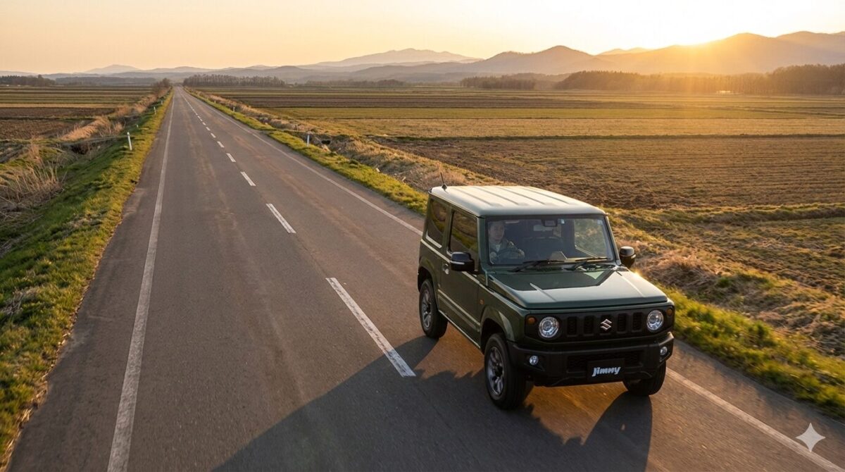 郊外の一本道を走行するジムニー