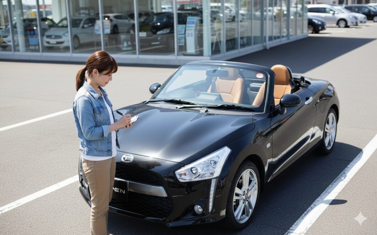 ディーラーに展示されたコペンを見ながらメモする女性