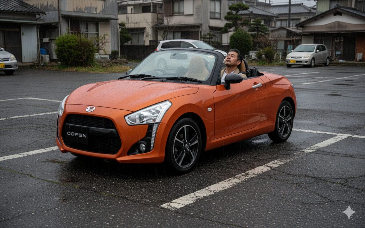 駐車場に停車したコペンの車内で途方に暮れる男性