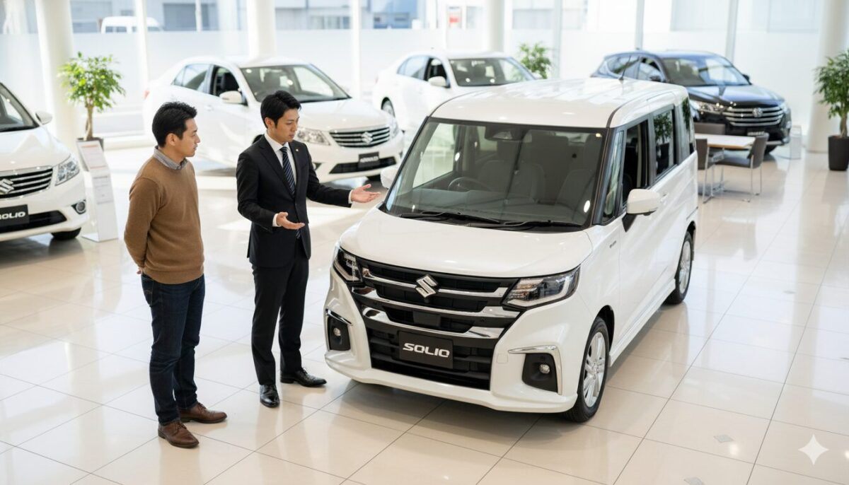 カーディーラーで販売員にソリオの説明を受ける男性