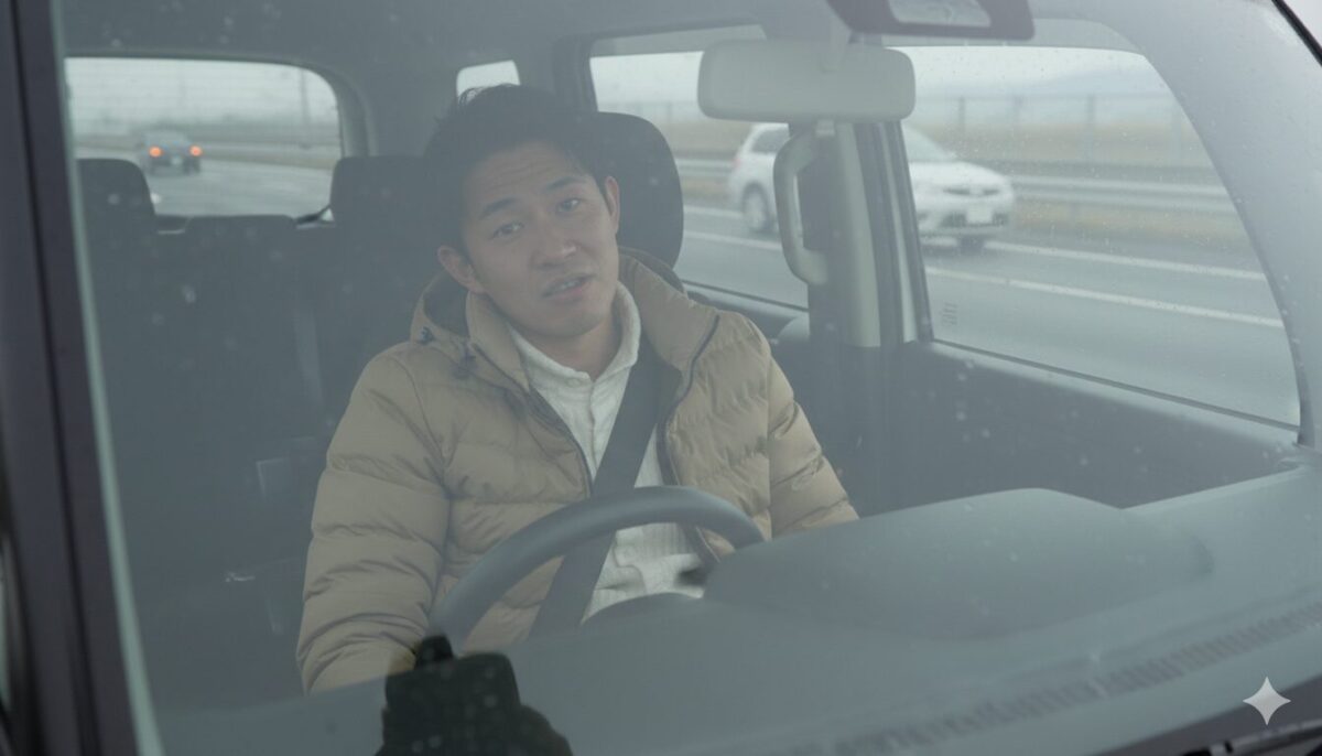 路肩に停めたソリオの運転席で途方に暮れる男性