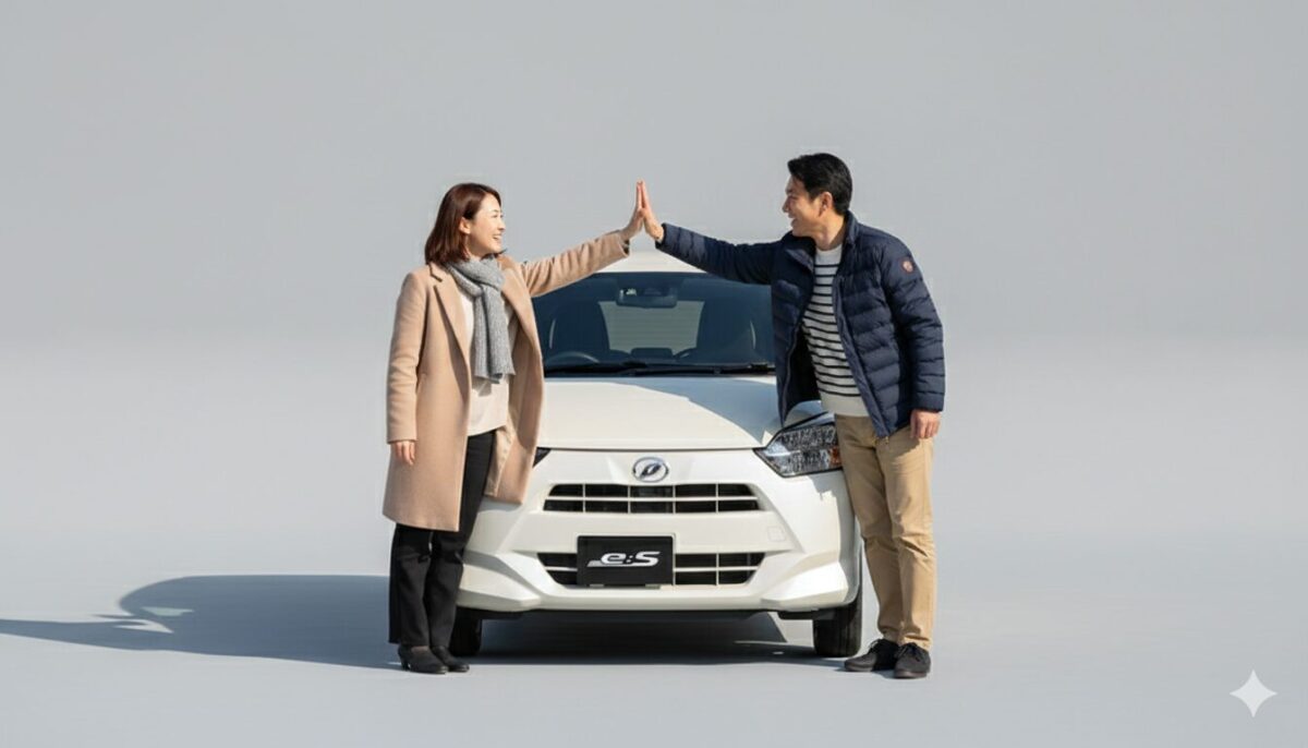 ミライースのまえでハイタッチをする夫婦