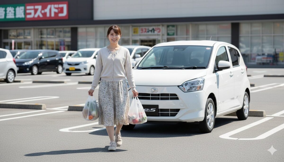 スーパーマーケットの駐車場に停めた白のミライースとビニール袋を下げた20代の女性
