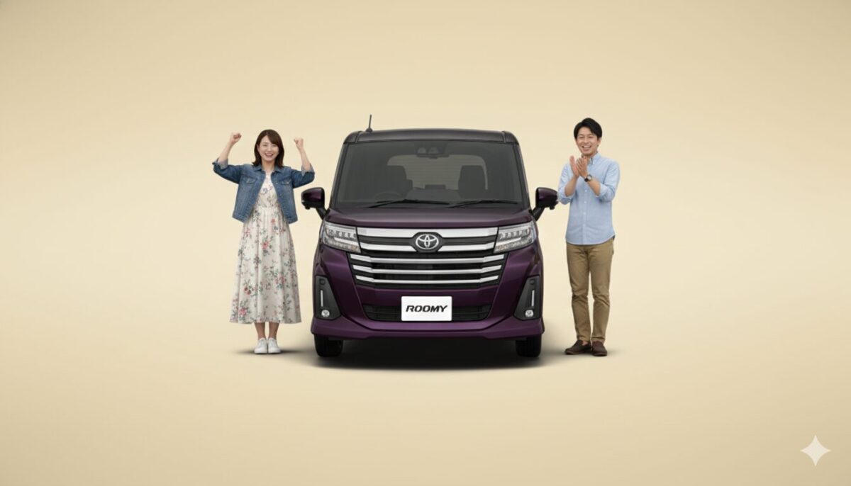 ルーミーを前にして喜びのリアクションをとる男女