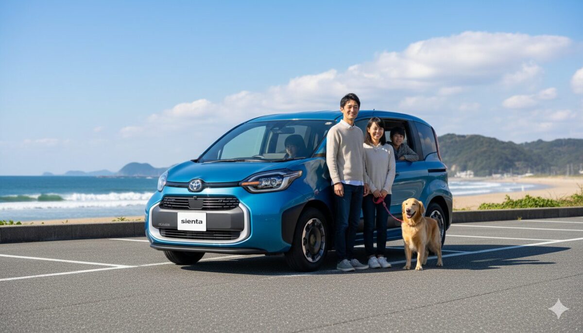 海辺の駐車場に停めたシエンタと家族
