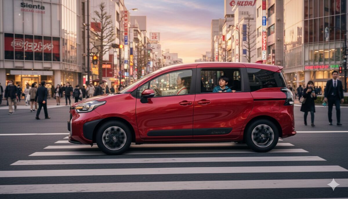 赤いシエンタで街中の交差点を走る