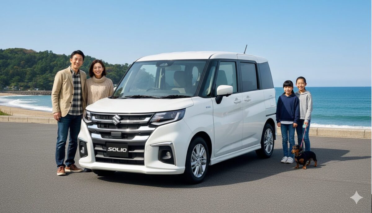 海辺の駐車場に停めた白のソリオと家族4人組