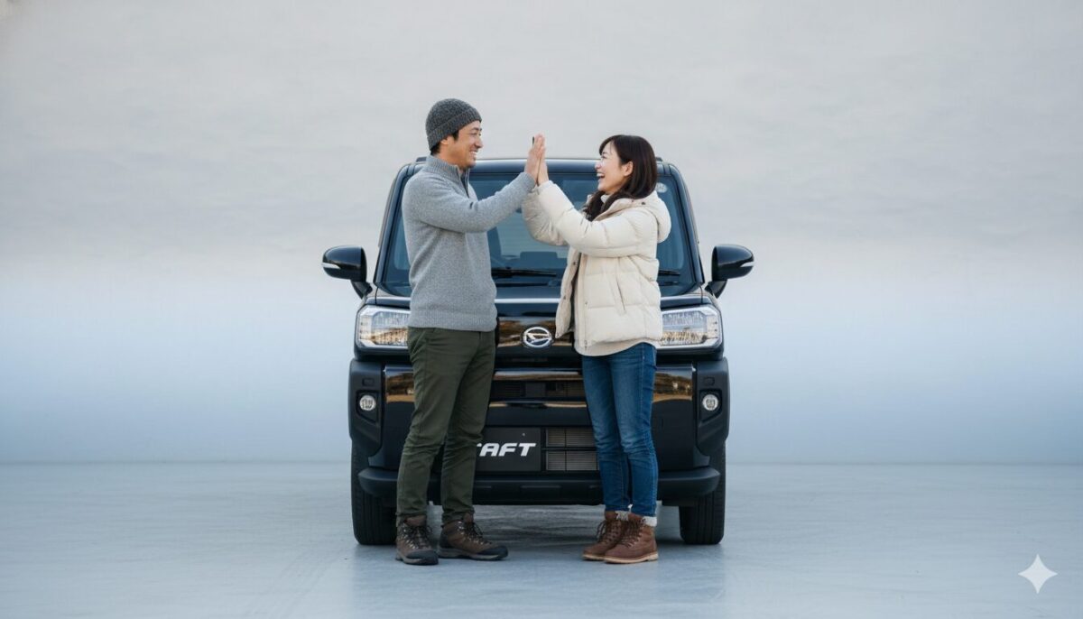 タフトの前でハイタッチをする夫婦