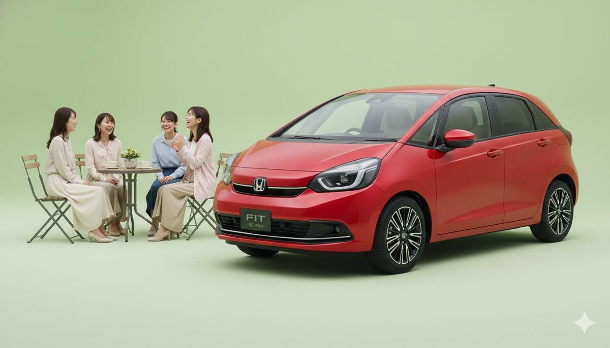 赤いフィットのそばで椅子に座って談笑する若い女性グループ