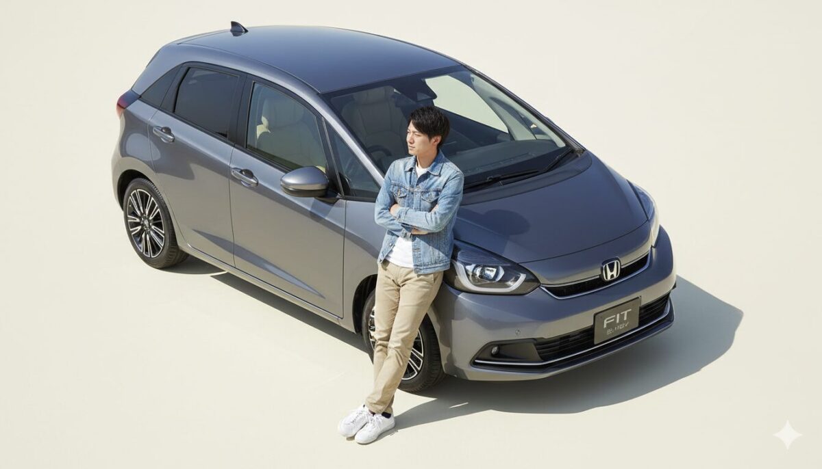 フィットに寄りかかって考え事をする男性