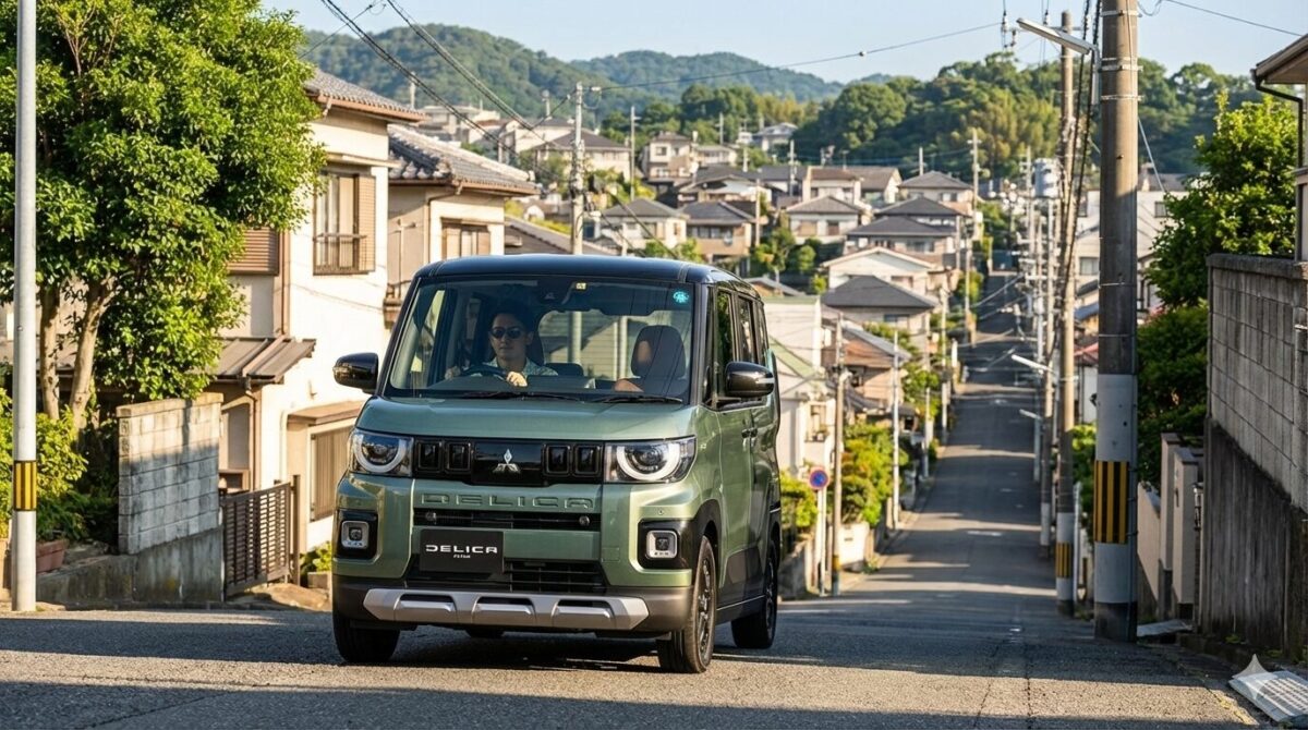住宅街の坂道を走行するグリーンメタリックのデリカミニ