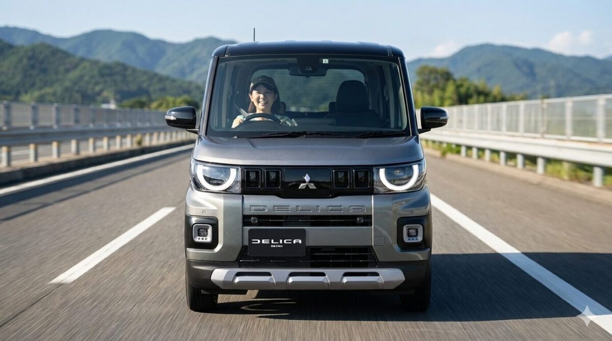 デリカミニを運転して高速道路を走行する女性