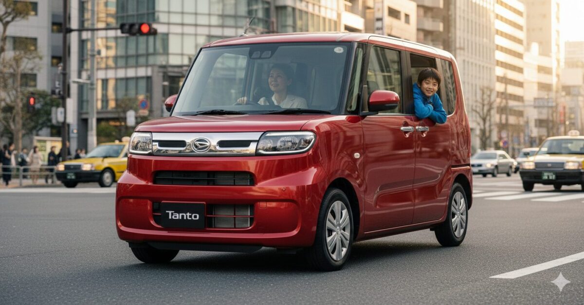 街中の道を走る赤いタント