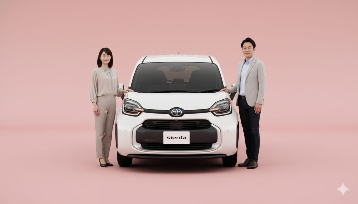 シエンタと一緒に並びこちらを見る男女