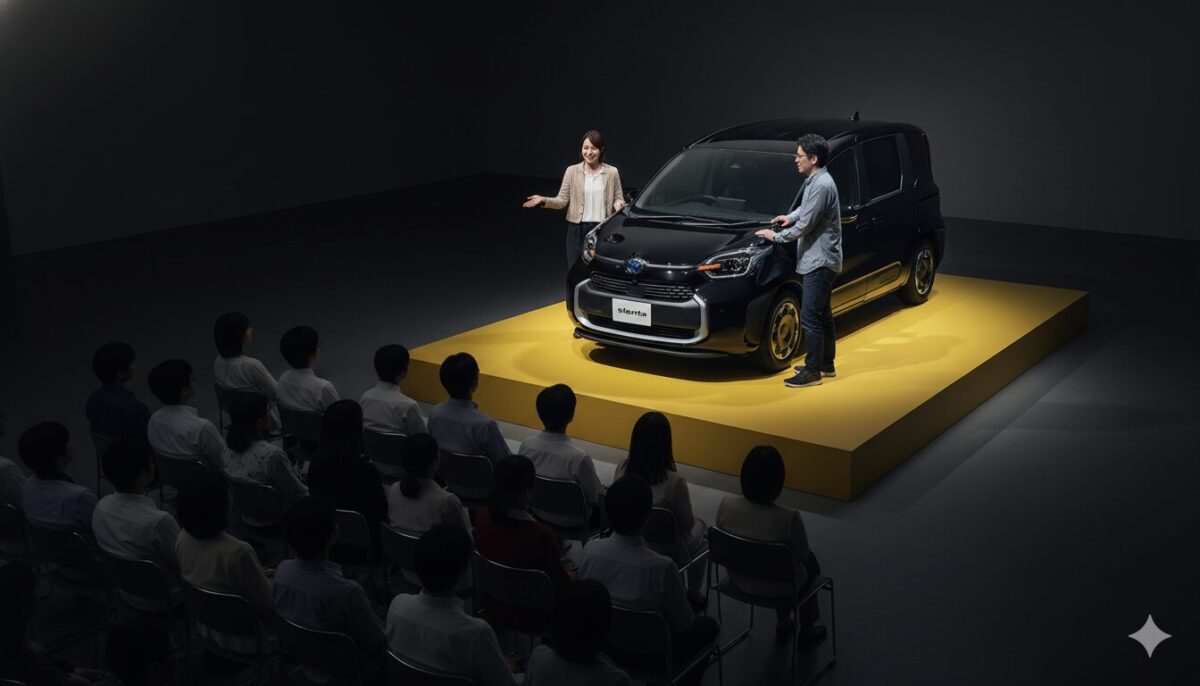 ステージに置かれた黒のシエンタとプレゼンする男女