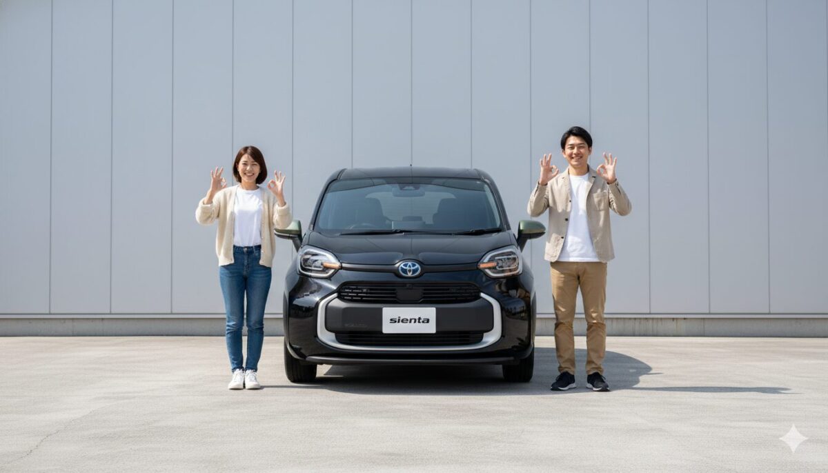 シエンタの脇でOKサインを作る男女