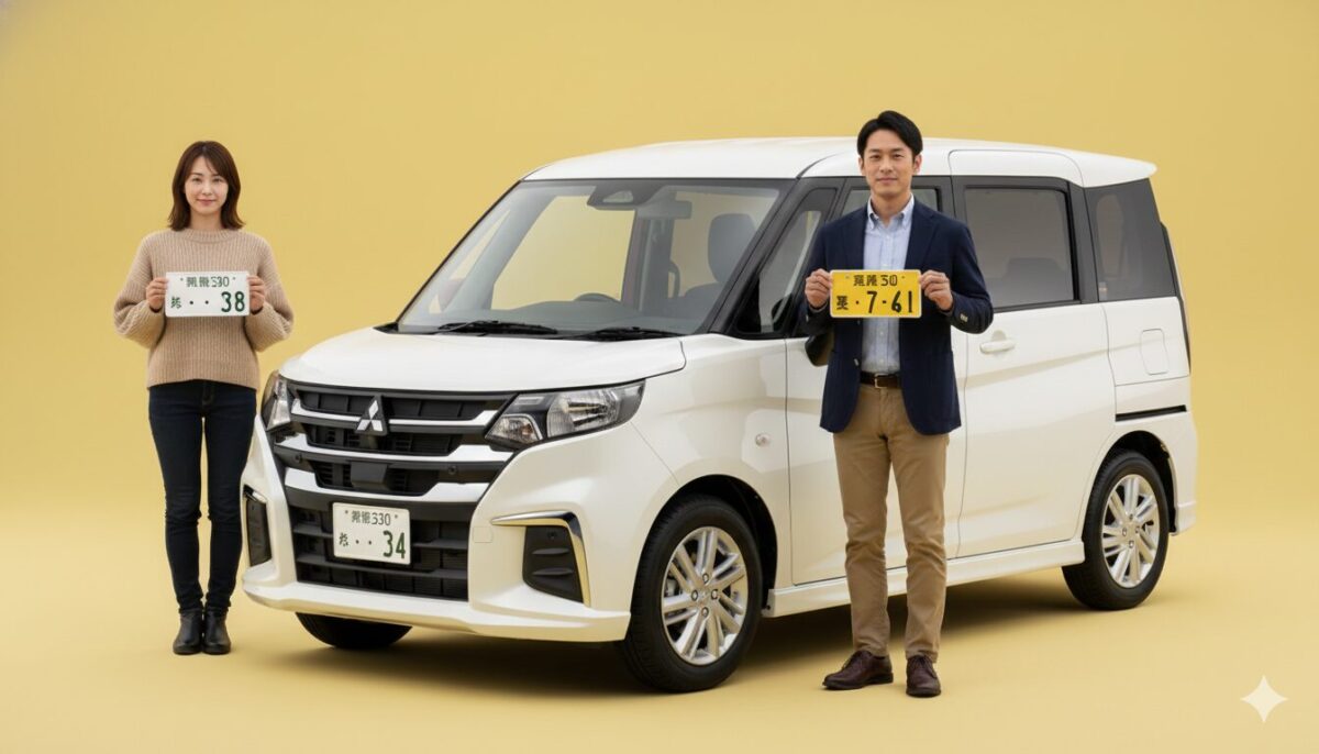 デリカD:2の両脇で白ナンバーを持つ女性と黄色ナンバーを持つ男性