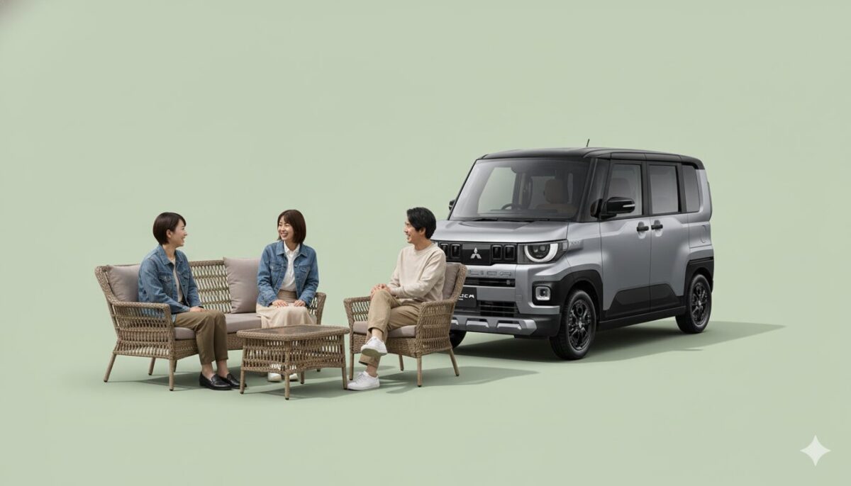 デリカミニの脇でガーデンチェアに座って談笑する男女3人